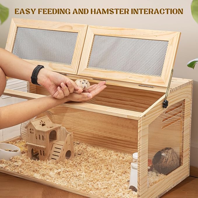 Hamster Cage 40" Wooden Chewproof, 270° View Large Habitat with Bite-Proof Metal Mesh & Top Dual Access Doors, Acrylic Sheets & Solid Build for Dwarf Syrian Hamsters/Gerbils/Guinea Pigs/Chinchillas