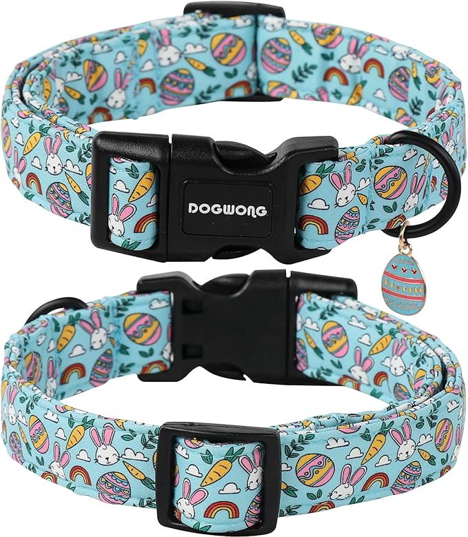 DOGWONG Easter Dog Collar- Cute Blue Babbit Egg Dog Collars Adjustable Designer Easter Day Puppy Heart Dog Collar for Small Medium Large Dogs M
