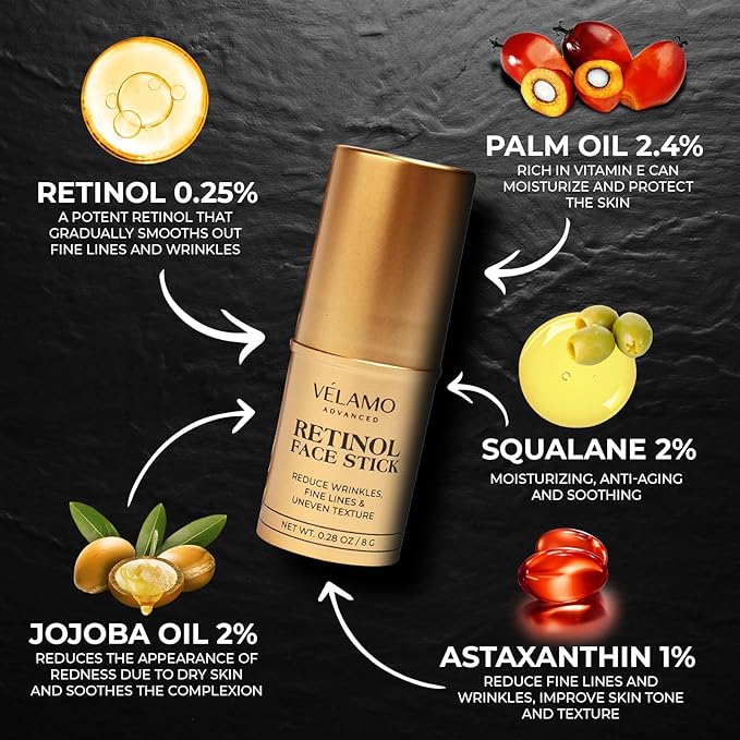 VELAMO ADVANCED Retinol Face Stick: Reduce Fine Lines Wrinkles and Uneven Texture - Retinol Cream for Face Anti Wrinkle Anti Aging - 0.28 OZ/8g