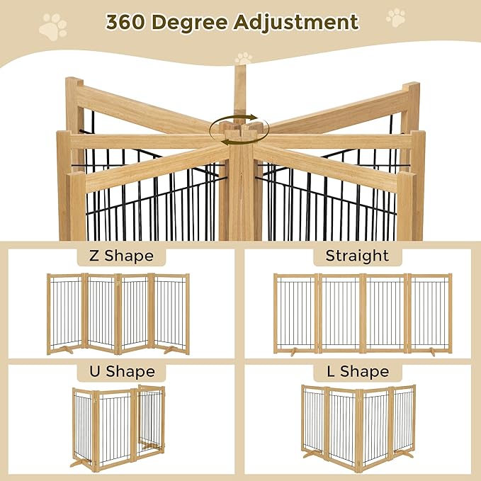 Wire Dog Gate Solid Wood Frame, Anti-Chewing, 4-Panel, 36" Height, 80" Width, Indoor Freestanding Pet Gate Foldable Wooden Dog Fences for Stairs, House, Doorway, Oak Color