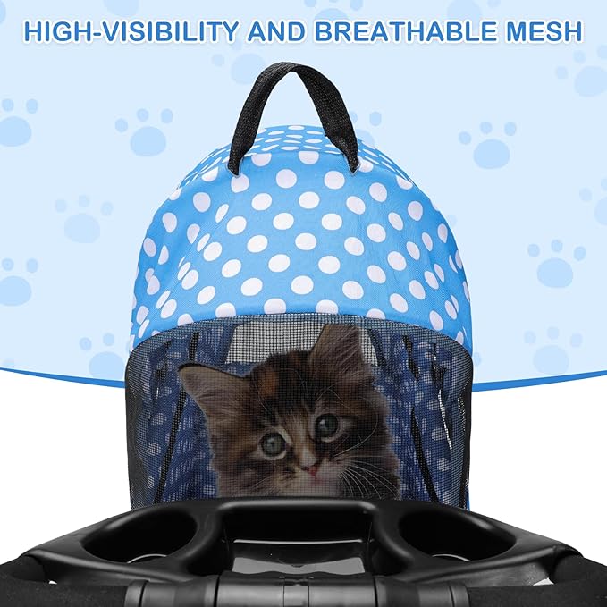 MoNiBloom 3 in 1 Foldable Pet Stroller for Small & Medium Dogs, Detachable Carrier, Car Seat, Push Button Entry, 4-Wheel Jogger for Pets up to 33 lbs, Sky Blue Polka Dots