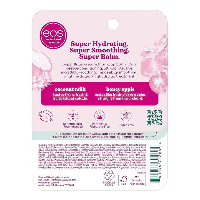 eos 24H Moisture Super Balm - Coconut Milk & Honey Apple, Day or Night Lip Treatment, Made for Sensitive Skin, Lip Balms & Moisturizers, 0.35 fl oz, 2-Pack