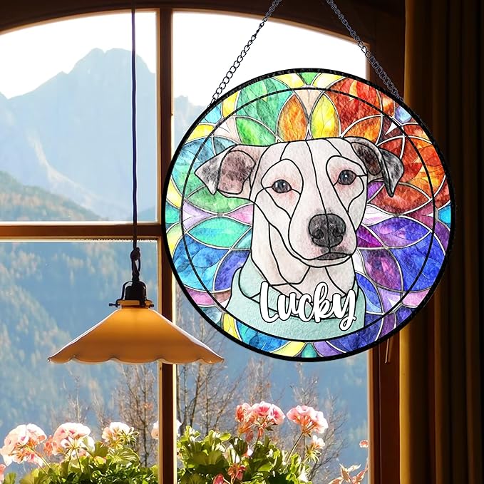 Lovely POD Personalized Pet Ornament Remembrance, Pet Stained Glass Suncatcher, Gifts for Fur Lovers, Custom Name Dog Photo Memorial Ornament Window Hanging, Home Decor, Gift for Loss of Pet Dog Cat