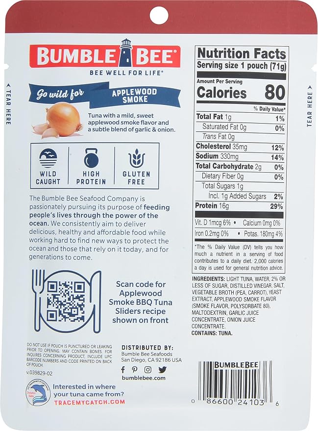 Bumble Bee Applewood Smoke Tuna, 2.5 oz Pouches (Pack of 24) - Ready to Eat - Wild Caught Tuna Pouch - 16g Protein per Serving - No Draining Required