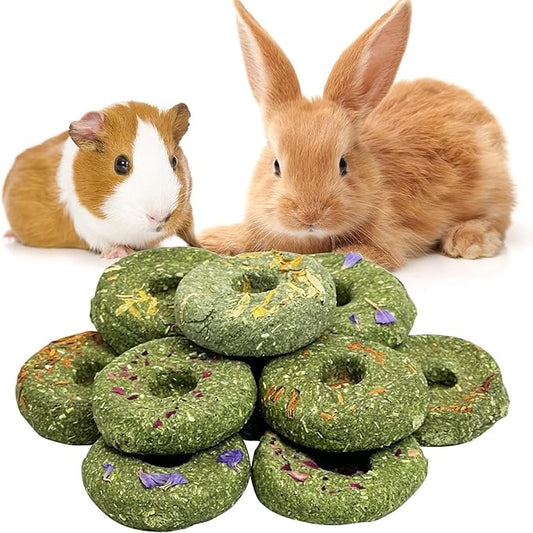 Fhiny Rabbit Chew Toys, 12 PCS Natural Timothy Hay & Flowers Biscuit Guinea Pig Chew Snacks for Teeth Handmade Small Animal Molar Treats for Bunny Guinea Pig Chinchilla Hamster Gerbil Dental Care