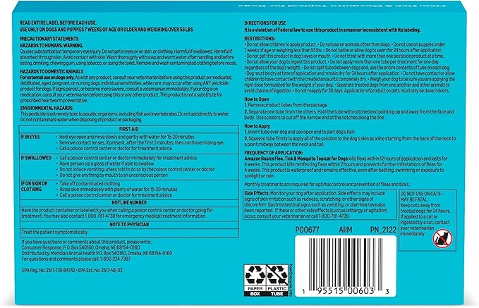 Amazon Basics PreventativeFlea, Tick & Mosquito Topical Treatment for X-Large Dogs (Over 55 pounds), 6 Count, Packaging May Vary