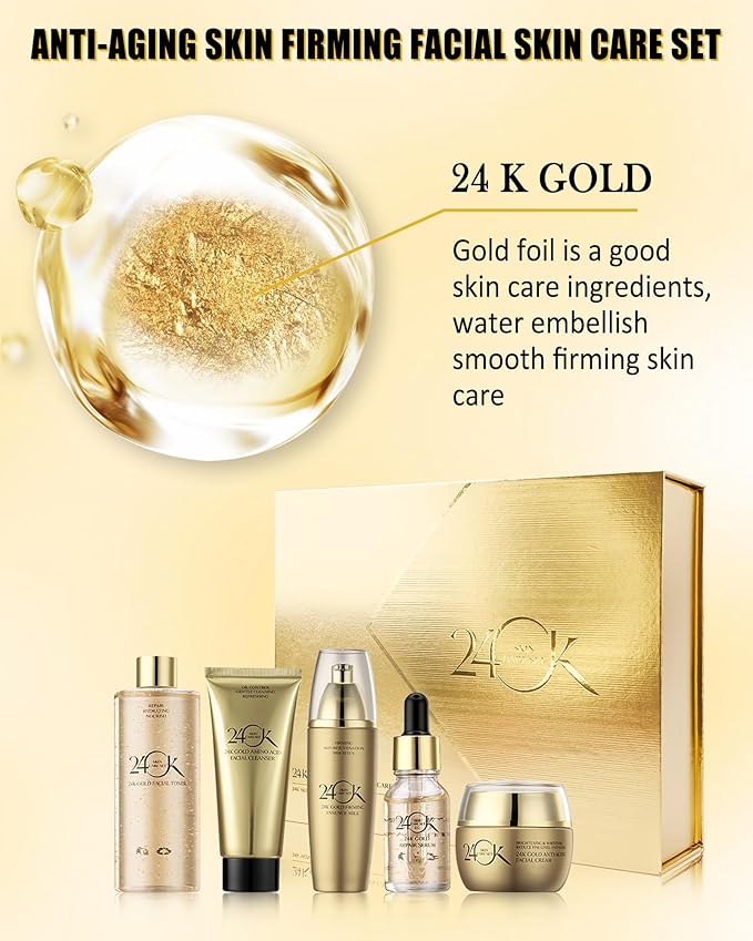 24K Gold Skin Care Set,6 in 1 Hydrate Firm Skincare Gift Toiletries Set,Moisturizing Brighten Facial Skin Care Product Kit for Wrinkles Fine Lines,Women's Mother’s Day Skin Care Gift Kit for Women Mom