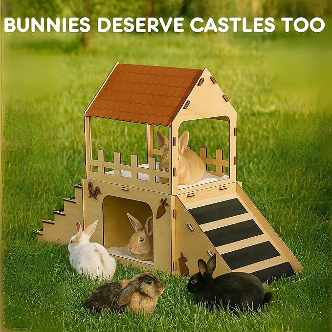 Extra Large Bunny Hideout, Cozy Rabbit Castle with Fleece Mats, Wooden Rabbit Hideout, Bunny House Indoor Indoor, Chinchilla, Guinea Pig House (Pet Safe Wood Joints)