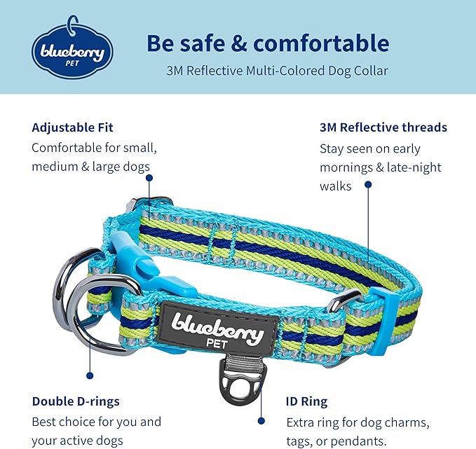 Blueberry Pet Safety Dog Collar with Dual D-Rings | 3M Reflective Multi-Colored Adjustable Collar in Blue and Yellow | Soft Nylon Dog Collar for Active Large Dogs