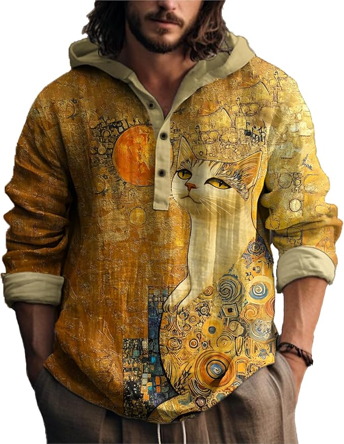 MARSVOVO Japanese Art Animal Hooded Shirt for Men Long Sleeve Quarter Button Lightweight Hoodie Cool Streetwear Tops