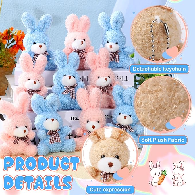 Sotiff 24 Pcs Easter Plush Bunny Stuffed Animal Gift Bulk 4.7 Inch Mini Bunnies Keychain Doll Furry Rabbit with Bow Tie for Birthday Baby Shower Party Favor Gifts Classroom Rewards(Pink, Blue)