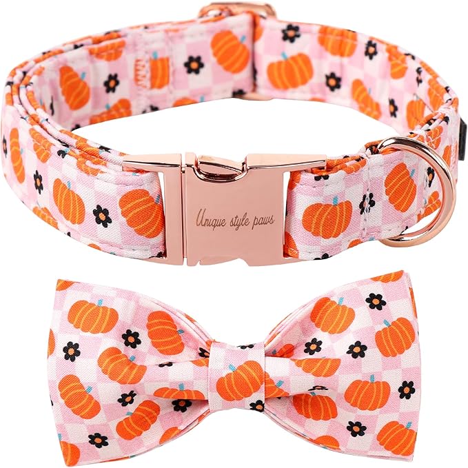 Unique Style Paws Halloween Day Dog Collar with Bow Pink Pumpkin Cotton Dog Collars for Small Medium Large Dogs