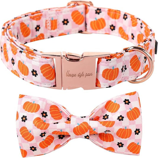 Unique Style Paws Halloween Day Dog Collar with Bow Pink Pumpkin Cotton Dog Collars for Small Medium Large Dogs
