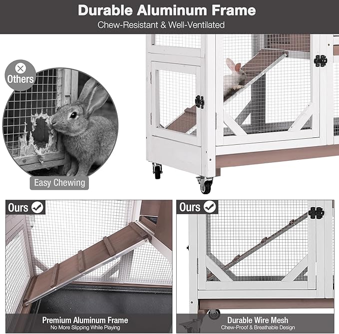 Large Rabbit Hutch Indoor Outdoor, 2-Tier Bunny Hutch with Wheels and Waterproof Roof, Wooden Guinea Pig Cage with Leak-Proof Pull-Out Trays, Multi-Door Bunny Cage for Small Animals