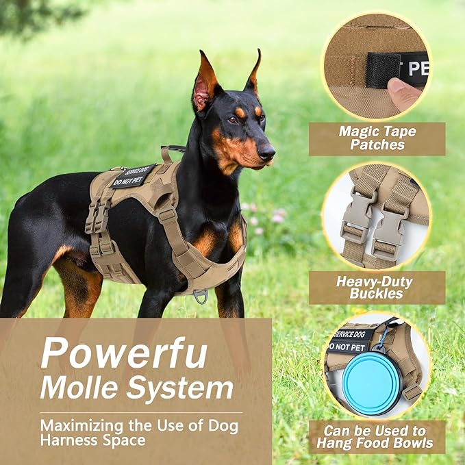 No Pull Tactical Dog Harness for Medium Dogs, Escape Proof Molle Dog Vest Harness and Leash Set, Adjustable Military Service Dog Harness with Handle for Medium Large Dogs(Brown,Medium)