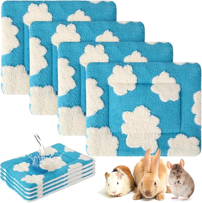 Haull 4 Pcs Waterproof Guinea Pig Bedding Winter Guinea Pig Bed Plush Cage Liners Soft Dog Cat Mat Reversible Winter Cozy Animal Pee Pad Hamster Bed Mat for Bunny (White Cloud,13 x 10 Inch)