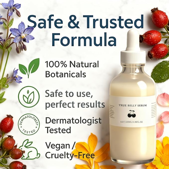 True Belly Serum - Organic Firming & Cellulite Appearance & Hydrating Belly Oil for Stretch Mark, Belly Oil For Pregnant Women, Promotes Skin Nourishment & Suppleness, 100ml (1PCS)