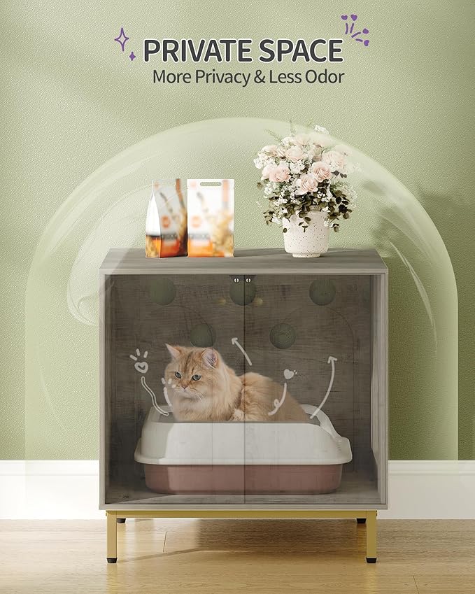 Cat Litter Box Enclosure, Hidden Litter Box Furniture Cabinet, Wooden Indoor Cat House, Side End Table, Living Room, Bedroom, Greige and Gold CB81205G