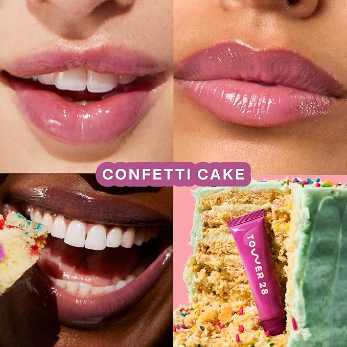 Tower 28 LipSoftie Tinted Lip Balm Treatment - Hydrating Glossy Balm + Overnight Lip Mask with Jojoba Oil + Shea Butter - Sweet, Cushiony Formula for Smooth, Soft Lips - Confetti Cake (0.38 oz)
