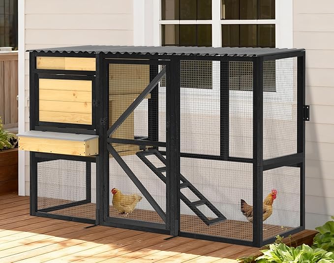 Chicken Coop with Nesting Box, Outdoor Wooden Poultry Cagefor 3-4 Chickens, 5 Doors Hen House w/Removable Tray, Weatherproof for Backyard Pet Hutch