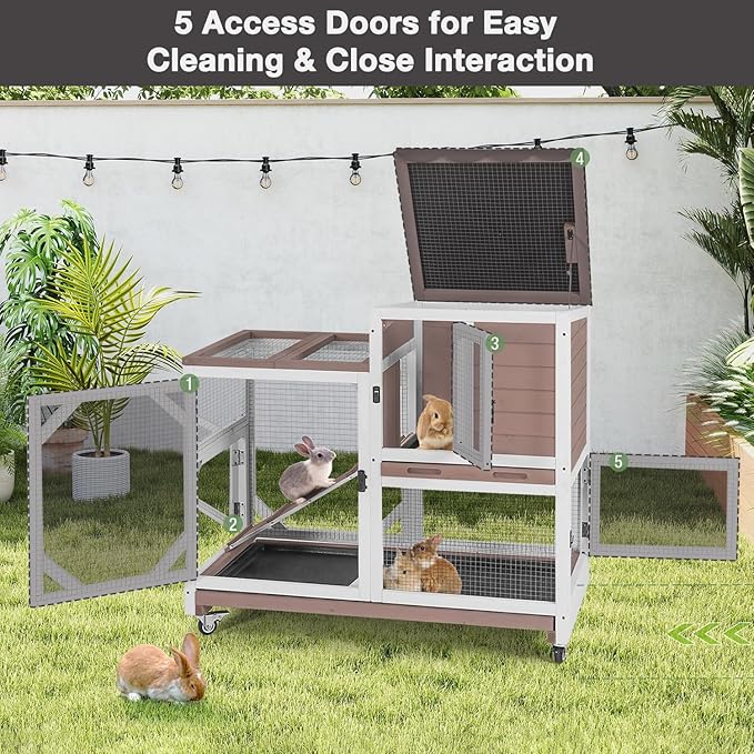 Large Rabbit Hutch Indoor Outdoor, 2-Tier Bunny Hutch with Wheels and Waterproof Roof, Wooden Guinea Pig Cage with Leak-Proof Pull-Out Trays, Multi-Door Bunny Cage for Small Animals