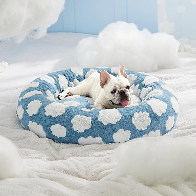 LE SURE Shown on TV Donut Dog Bed Medium Size Dog - Round Cat Beds Indoor as Christmas Bed Gift for Calming with Washable Cover, Cute Beds with Jacquard Shaggy Plush & Anti Slip Bottom, 30 Inch, Blue