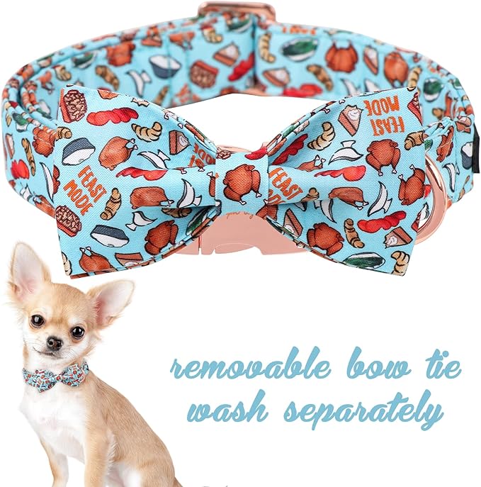 Unique Style Paws Thanksgiving Day Dog Collar with Bow Blue Turkey Cotton Puppy Collars for Small Medium Large Dogs