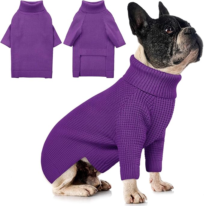 Queenmore Dog Sweaters for Medium Dogs Girl, Waffle Knit Dog Sweater with Long Sleeve, Doggie Kintsweaters, Cat Christmas Sweaters, Purple M