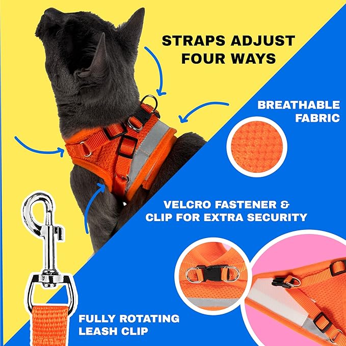Travel Cat Harness and Leash Set - Adjustable Fit Mesh Cat Harness and Reflective Strap - Comfort Walking Vest for Kitten for Outdoor Walking, Hiking (Small, Orange)