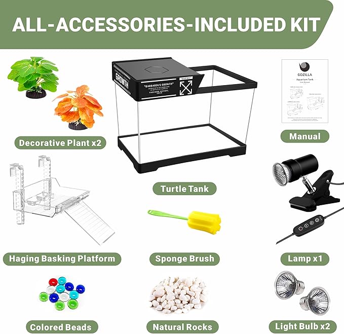 GOZILLA Mini Aquatic Turtle Tank Kit with Adjustable Lamp,PC Turtle Tank Starter Kit,Small Hermit Crab Tanks with Lid, Hanging Platform for Baby Turtles,Crabs,Fish.(11.8×7.24×7.1''/Black Kit)