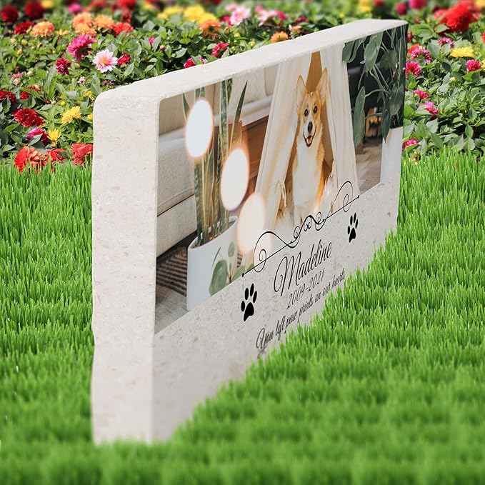 Custom Dog Memorial Stone, Personalized Pet Headstones for Dogs, Outdoor Pet Grave Markers with Photo Print and Text, Loss of Pet Sympathy Gift, 12”x6”x1.25" Pet Grave Stone (C. Madeline Design)