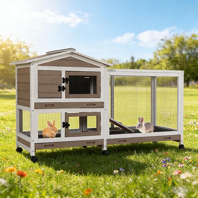Wooden Rabbit Hutch Indoor and Outdoor with Waterproof Roof, Mobile Rabbit Cage with Wheels, 2-Story Bunny Cage with Leak Proof Tray and Chew Proof Ramp (Brown)