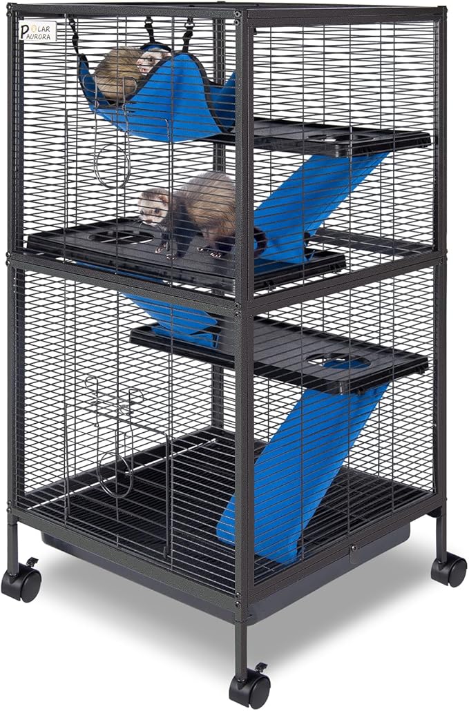 4 Tier Steel Deluxe Small Animal Pet Cage Kit for Guinea Pig Ferret Little Rabbit with Wheels Brakes Hammock 4 Platforms Removable Tray and Ladder with Flannel