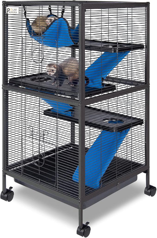 4 Tier Steel Deluxe Small Animal Pet Cage Kit for Guinea Pig Ferret Little Rabbit with Wheels Brakes Hammock 4 Platforms Removable Tray and Ladder with Flannel