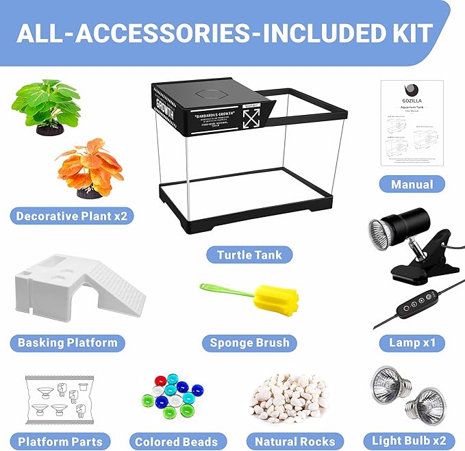 GOZILLA Mini Turtle Tank Kit with Adjustable Lamp, Upgrade PC Hermit Crab Tank,Small Turtle/Hermit Crab Starter Kit with Lid, Hideout Platform for Baby Turtles, Crabs, Fish.(11.8×7.24×7.1''/Black Kit)