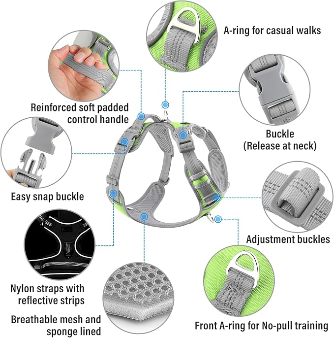 Plutus Pet No Pull Dog Harness, Release at Neck, Reflective Adjustable Dog Vest Harness, Easy Control Handle for Walking, for Small Medium Large Dogs, Green, S