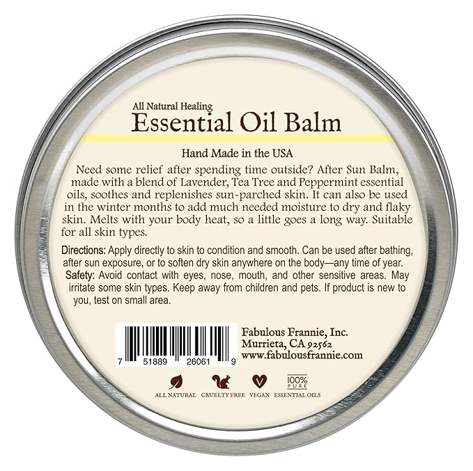 Fabulous Frannie After Sun All Natural Essential Oil Healing Balm made with Sunflower Oil, Coconut Oil, Shea Butter, Beeswax, Soy Wax, Aloe Vera and Pure Essential Oils 3.5oz Tin