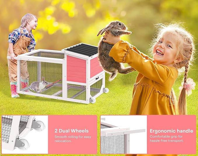 2-Story Rabbit Hutch, Insulated Bunny Hutch w/Chew-Proof Ramp & Wheels, Indoor/Outdoor Bunny Cage w/Leak-Proof Trays and Openable Waterproof Roof for Guinea Pig, Pink