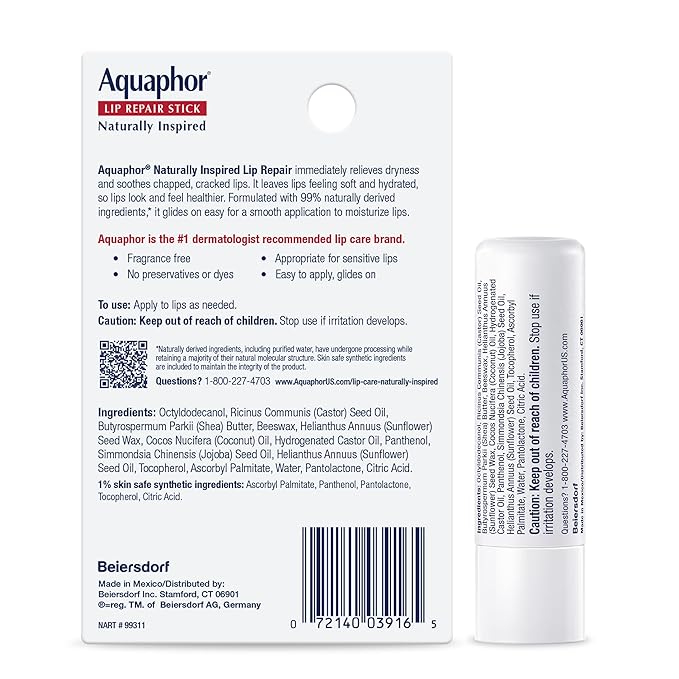 Aquaphor Naturally Inspired Lip Repair Stick with Coconut Oil and Natural Shea Butter, Hydrating Lip Balm Immediately Relieves Dryness and Soothes Chapped Lips, 0.17 Oz Stick, (Pack of 6)