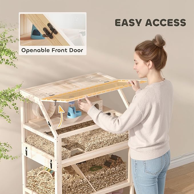 PawHut Wooden Hamster Cage, 3 Tier Small Animal Cage with Detachable Lower Floor, Storage Shelf, Hut, Seesaw, Exercise Wheel, Ramps, Hamster Habitat for Dwarf, Gerbil, 31.5" x 21" x 46"