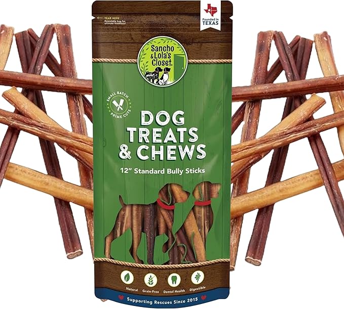 Supreme 12-inch Standard Bully Sticks by Sancho and Lola’s (10 Pack) All-Natural, Long-Lasting Dog Chew Treats - Free-Range, Grass-Fed Beef - Low Odor