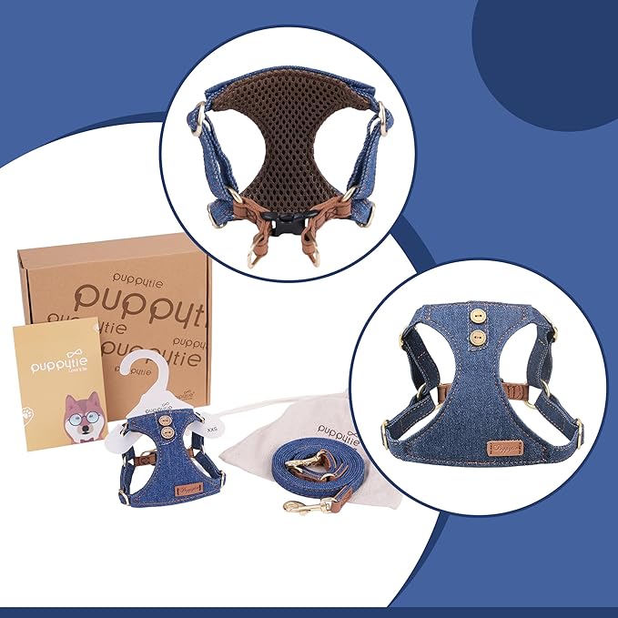 No Pull Dog Harness with Multifunction Dog Leash,Soft Adjustable No Choke Escape Proof Pet Harness Vest for Medium Dogs or Large Dogs,Denim Blue,M