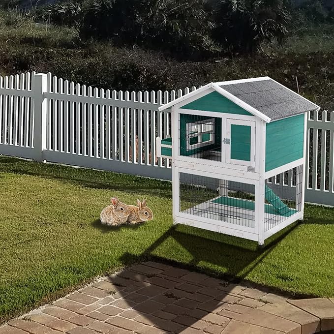 Petsfit 2 Story Rabbit Hutch with Trays Outdoor Weatherproof, Bunny Cage with Openable Roof