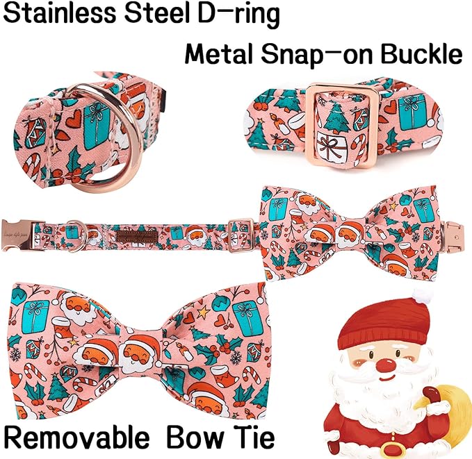 Unique Style Paws Christmas Day Dog Collar with Bow Pink Christmas Man Cotton Puppy Collars for Small Medium Large Dogs