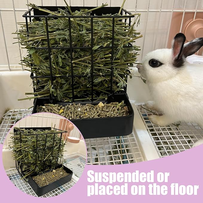 Rabbit Hay Feeder Guinea Pig Hay Feeder with Hook Heavy-Duty Metal Frame Upgrades Hay Rack，Reduce Waste Hay Holder,for Bunny,Rabbit,Chinchilla,Guinea Pig Cage Accessories-6.8x6.7x6.6inch（Black）