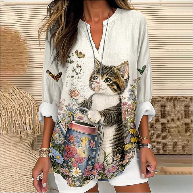 MARSVOVO Cat Shirts for Women Long Sleeve Cute Cat Pullover Graphic Novelty V Neck Blouse Oversized Funny Tunic Tops