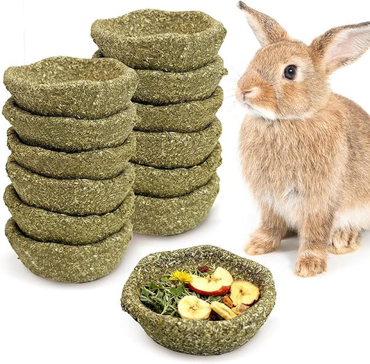 12 Pack Rabbit Chew Toys for Teeth Timothy Hay Chewing Bowl Natural Guinea Pig Treat Edible Small Animal Molar Toys for Bunny Chinchilla Hamster Gerbil Rat