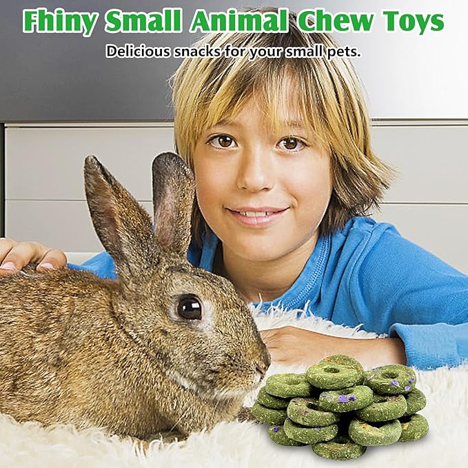 Fhiny Rabbit Chew Toys, 24 PCS Natural Timothy Hay & Flowers Biscuit Guinea Pig Chew Snacks for Teeth Handmade Small Animal Molar Treats for Bunny Guinea Pig Chinchilla Hamster Gerbil Dental Care