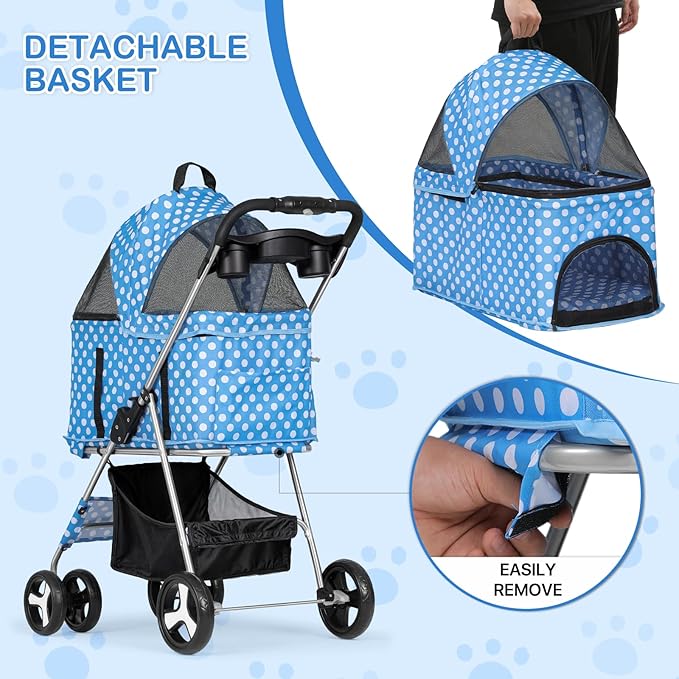 MoNiBloom 3 in 1 Foldable Pet Stroller for Small & Medium Dogs, Detachable Carrier, Car Seat, Push Button Entry, 4-Wheel Jogger for Pets up to 33 lbs, Sky Blue Polka Dots
