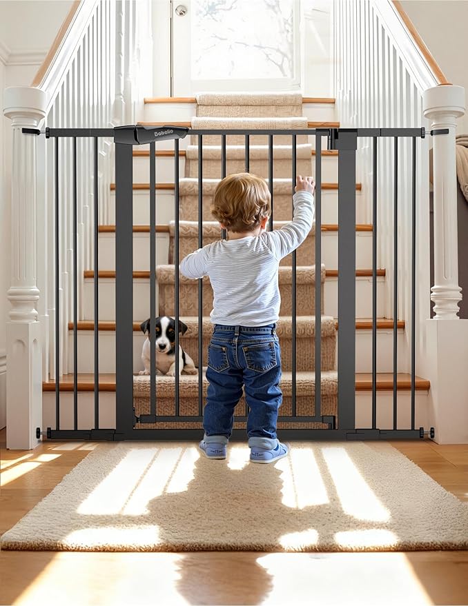 BABELIO 36" Tall Baby Gate PressGuard P7, 29-48" Auto-Close & Pressure Mounted, Black Steel Dog Gate for Stairs & Doorways